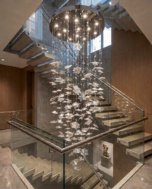 Modern Bubble Glass Leaf Chandelier – 1M Round Base Grand Staircase Pendant Light