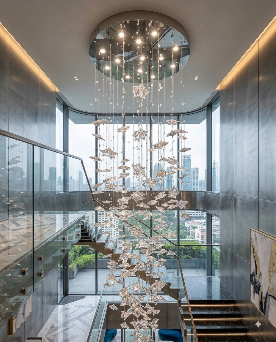 Modern Bubble Glass Leaf Chandelier – 1M Round Base Grand Staircase Pendant Light