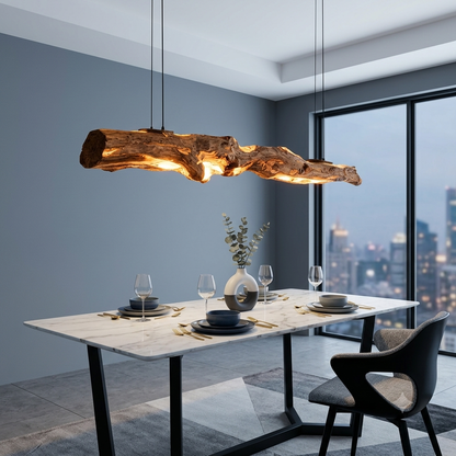 Reclaimed Wood Linear Dining Chandelier | Sustainable Lighting for Modern Antique Decor