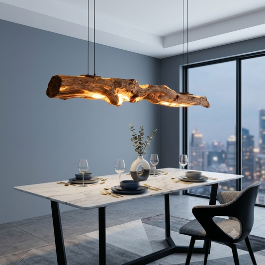 Reclaimed Wood Linear Dining Chandelier | Sustainable Lighting for Modern Antique Decor