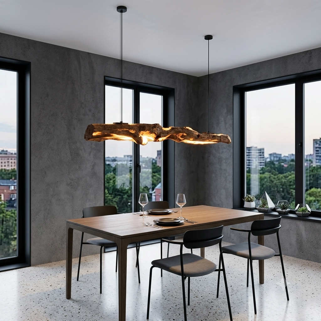 Reclaimed Wood Linear Dining Chandelier | Sustainable Lighting for Modern Antique Decor