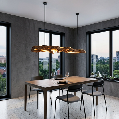 Reclaimed Wood Linear Dining Chandelier | Sustainable Lighting for Modern Antique Decor
