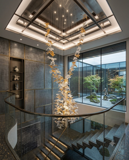 Bespoke Sculptural Leaf Chandelier | Large Modern Suspension Staircase Lighting