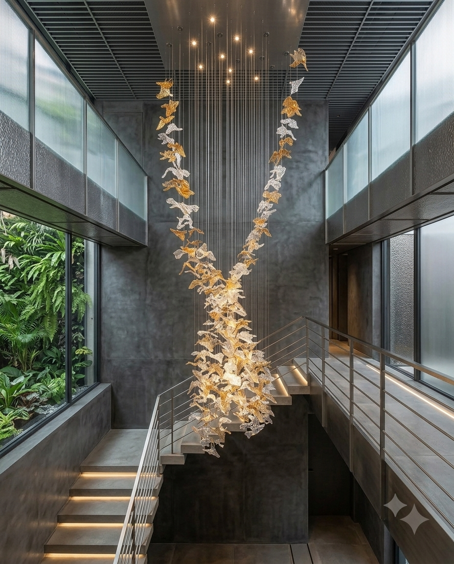 Bespoke Sculptural Leaf Chandelier | Large Modern Suspension Staircase Lighting