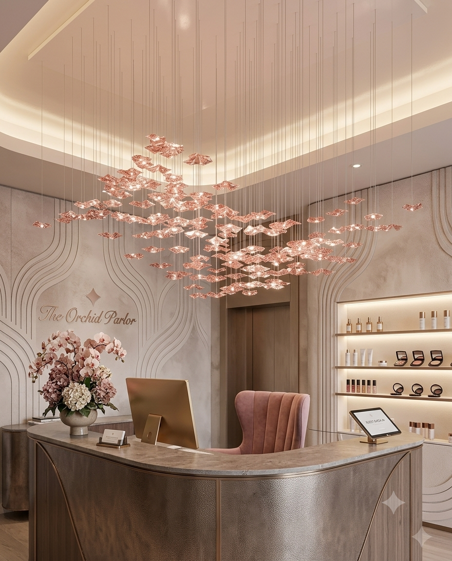 Custom Pink Leaf Glass Chandelier | Modern Luxury Pendant Light for Salon & Parlor