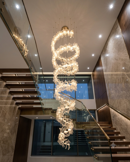 5M Tornado Style Grand Staircase Chandelier – Frosted & Clear Leaf Finishes