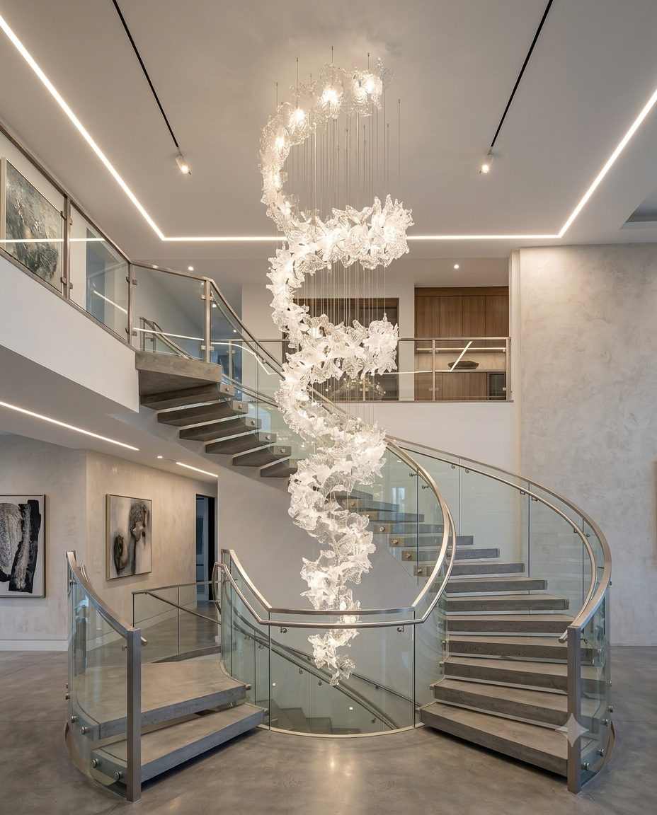 5M Tornado Style Grand Staircase Chandelier – Frosted & Clear Leaf Finishes