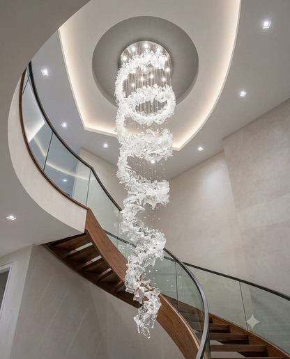 5M Tornado Style Grand Staircase Chandelier – Frosted & Clear Leaf Finishes
