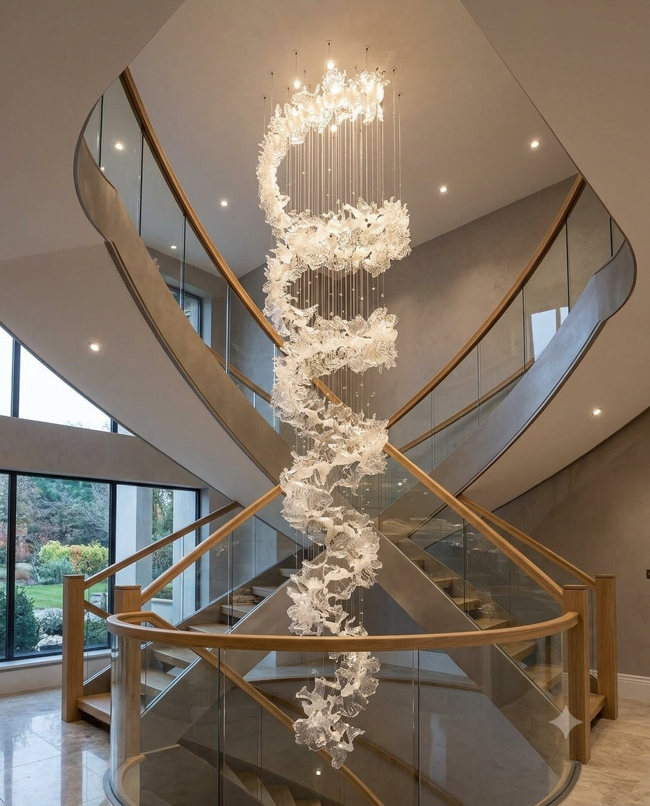 5M Tornado Style Grand Staircase Chandelier – Frosted & Clear Leaf Finishes