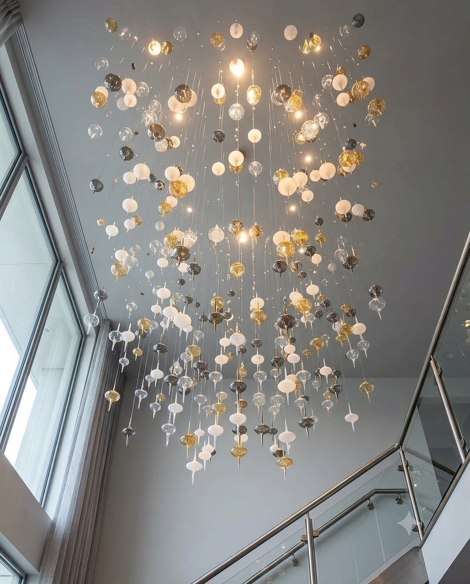 Modern Multi-Drop Glass Raindrop Chandelier – Gold, Gray & White Pendant Lighting for High Ceilings