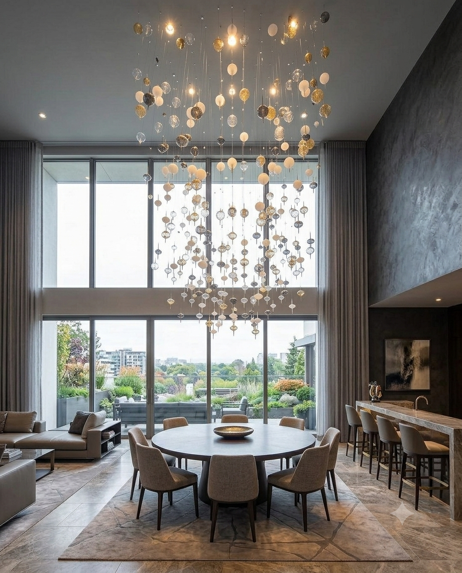 Modern Multi-Drop Glass Raindrop Chandelier – Gold, Gray & White Pendant Lighting for High Ceilings