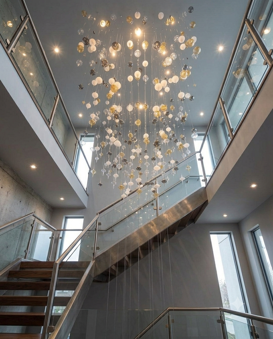 Modern Multi-Drop Glass Raindrop Chandelier – Gold, Gray & White Pendant Lighting for High Ceilings