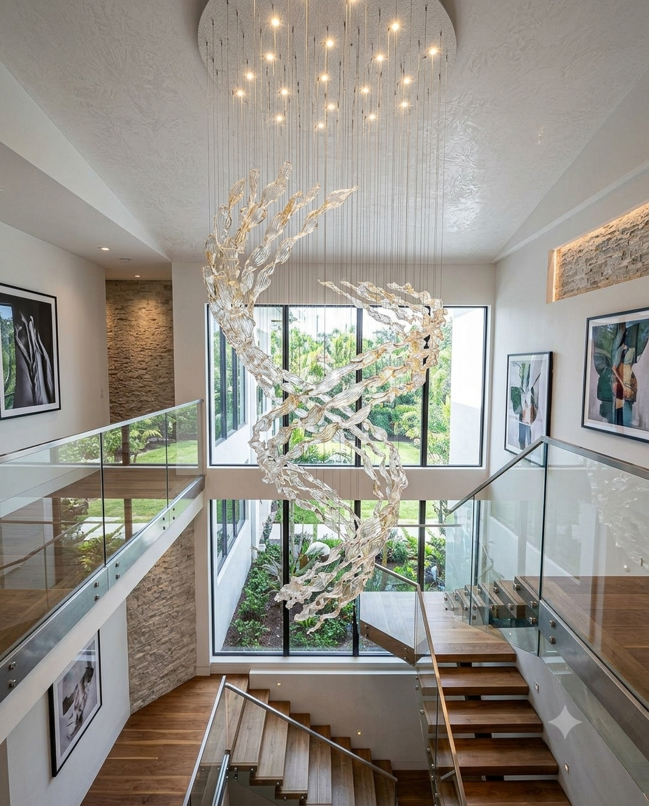 Custom Modern Glass Leaf Chandelier | Amber & Clear Sculptural Suspension Light