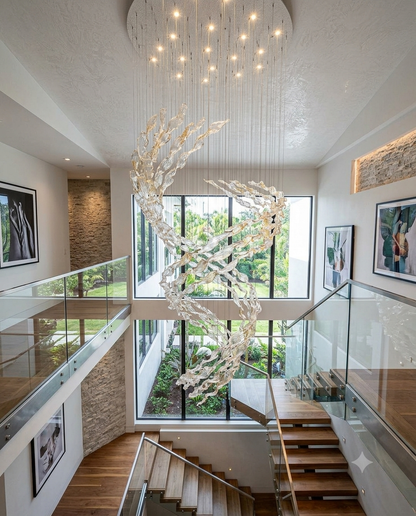 Custom Modern Glass Leaf Chandelier | Amber & Clear Sculptural Suspension Light