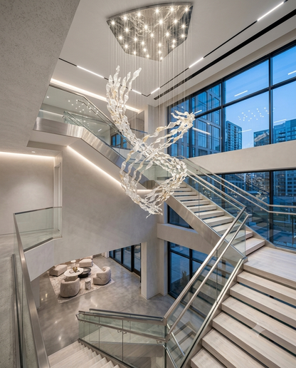 Custom Modern Glass Leaf Chandelier | Amber & Clear Sculptural Suspension Light