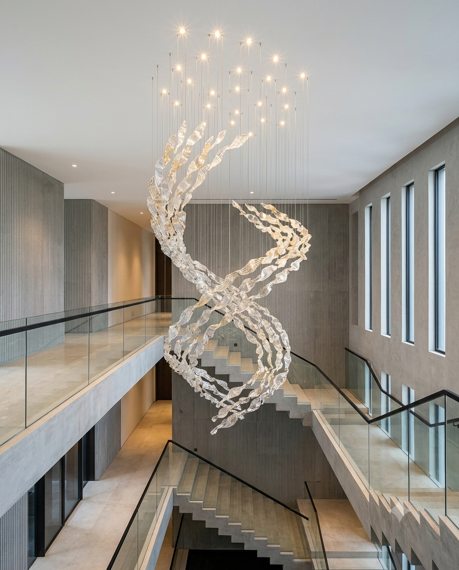 Custom Modern Glass Leaf Chandelier | Amber & Clear Sculptural Suspension Light