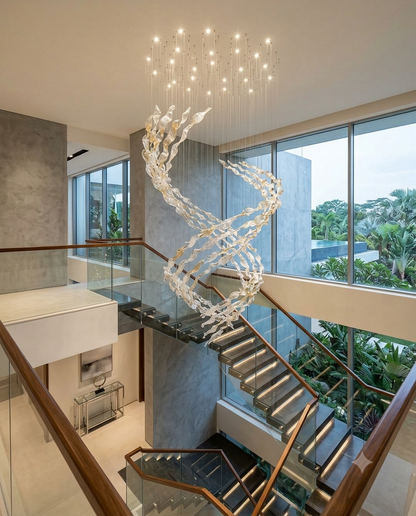 Custom Modern Glass Leaf Chandelier | Amber & Clear Sculptural Suspension Light