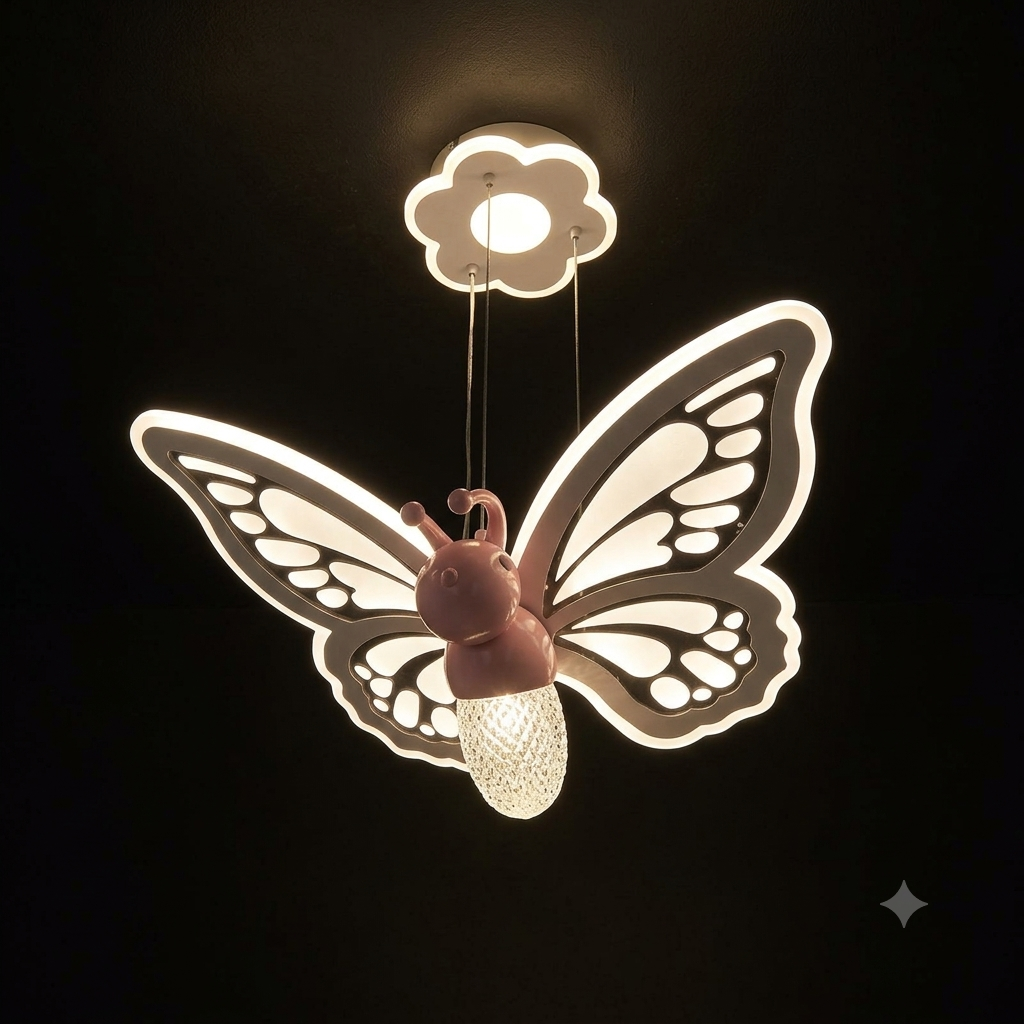 LED Butterfly Pendant Light for Kids Room & Nursery – Modern Pink Ceiling Hanging Lamp