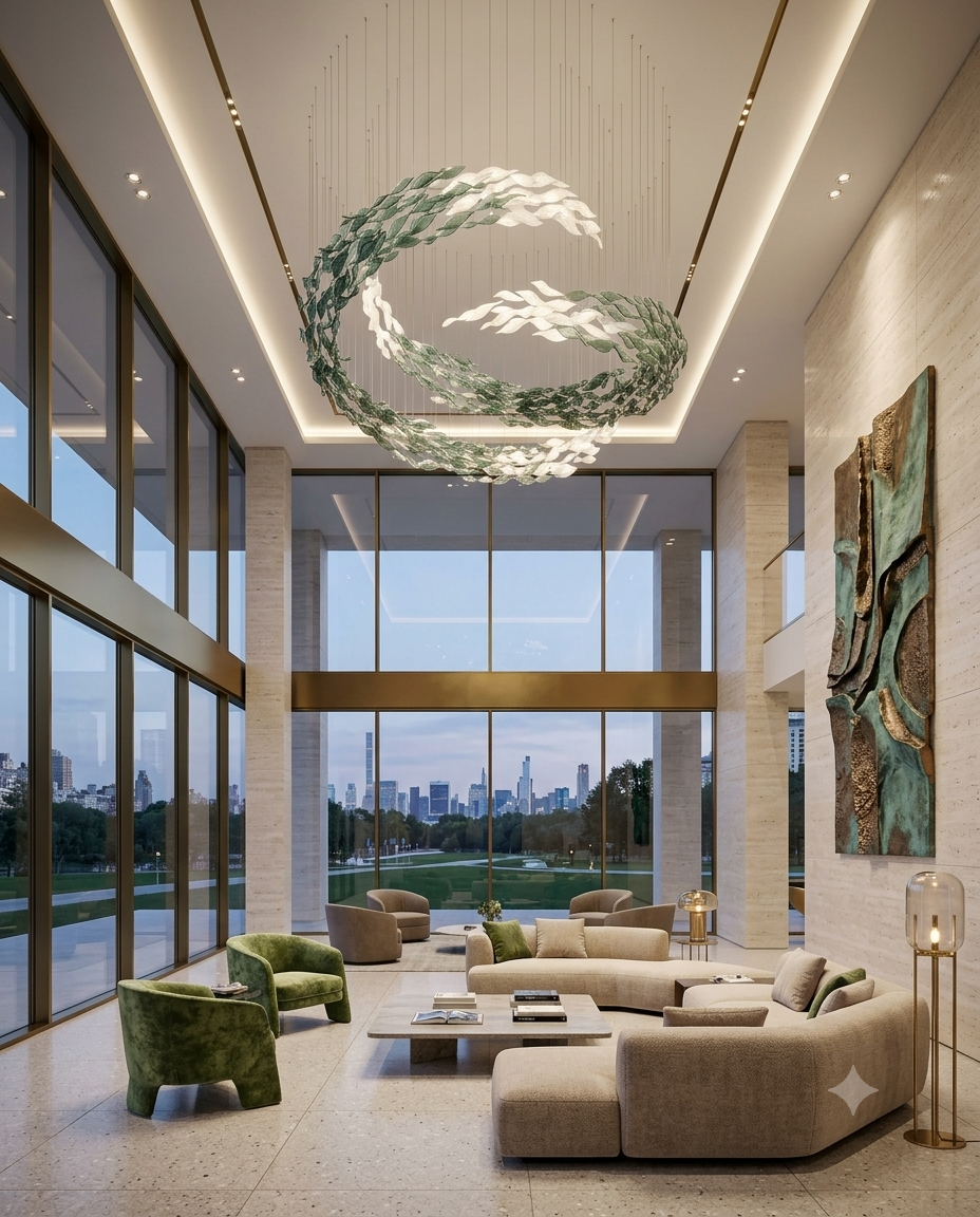 Modern Dual-Tier C-Shape Glass Leaf Chandelier | Custom White & Sage Green Sculptural Ceiling Light