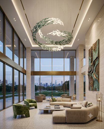 Modern Dual-Tier C-Shape Glass Leaf Chandelier | Custom White & Sage Green Sculptural Ceiling Light