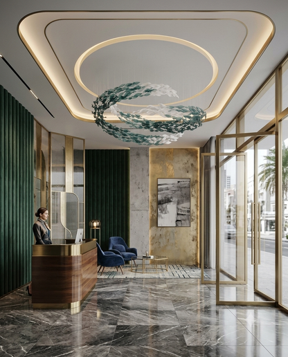 Modern Dual-Tier C-Shape Glass Leaf Chandelier | Custom White & Sage Green Sculptural Ceiling Light
