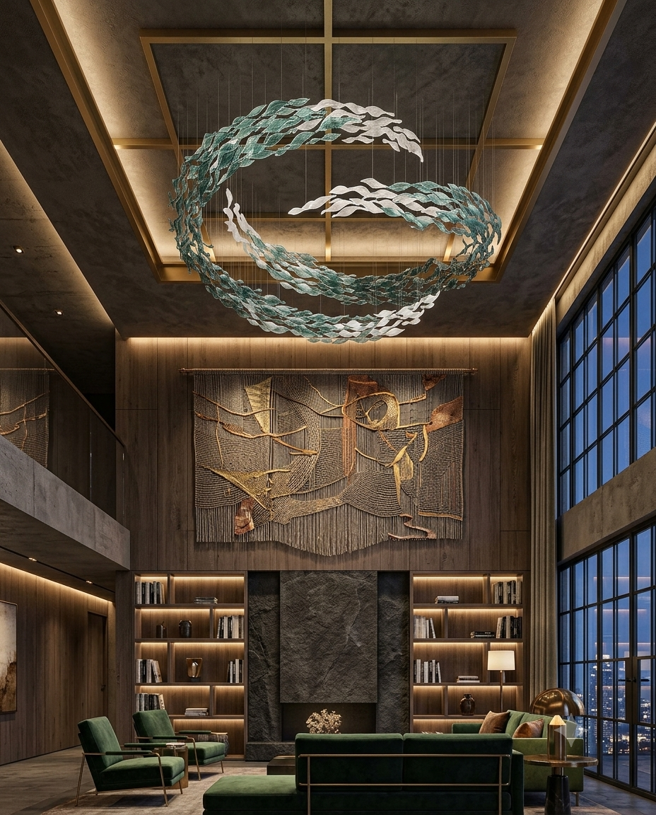 Modern Dual-Tier C-Shape Glass Leaf Chandelier | Custom White & Sage Green Sculptural Ceiling Light