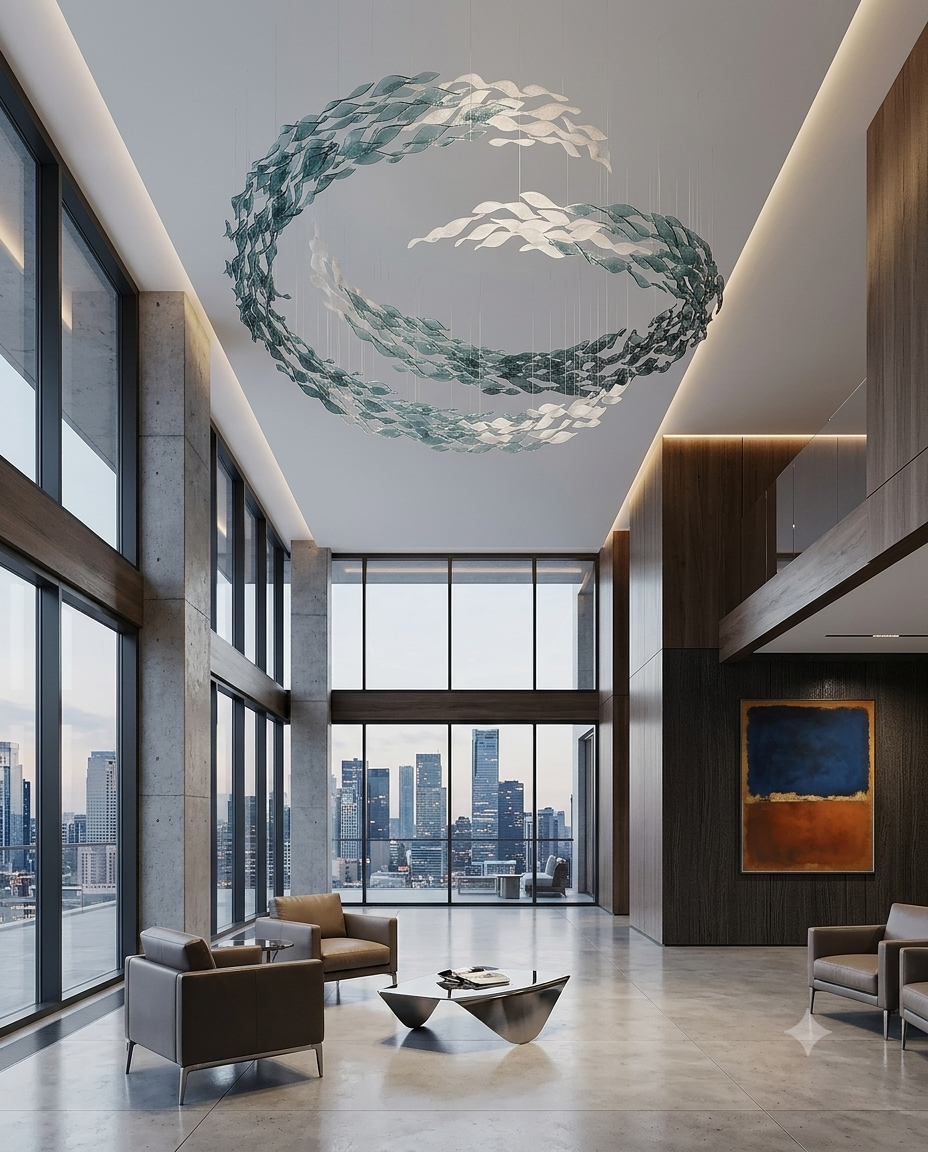 Modern Dual-Tier C-Shape Glass Leaf Chandelier | Custom White & Sage Green Sculptural Ceiling Light
