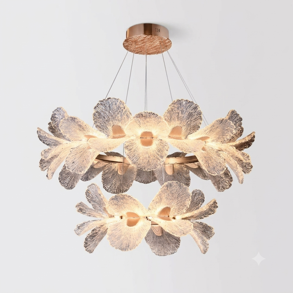 Modern 2-Tier Acrylic Gingko Leaf LED Chandelier – Gold Steel Base, Adjustable Height