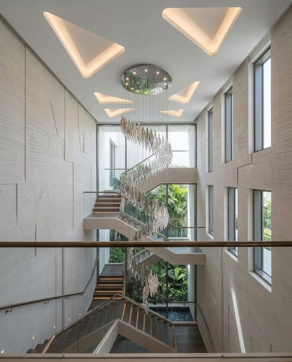 5M Custom Handcrafted Green & Clear Leaf Glass Spiral Chandelier (1m Ceiling Base)