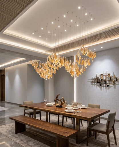 Custom 2m Modern Amber Leaf Glass Chandelier | W-Shape Wave Pendant Light for Luxury Dining & Hotel Reception
