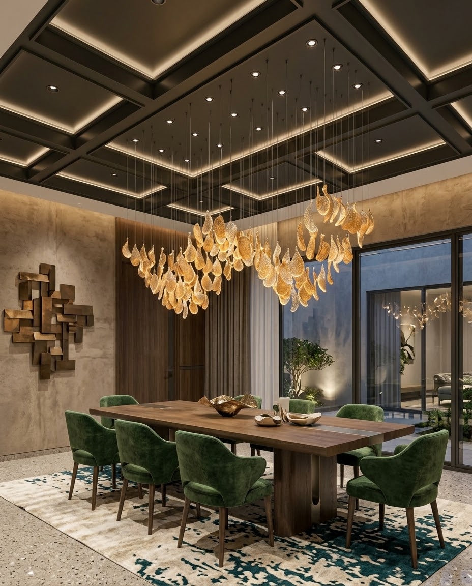 Custom 2m Modern Amber Leaf Glass Chandelier | W-Shape Wave Pendant Light for Luxury Dining & Hotel Reception