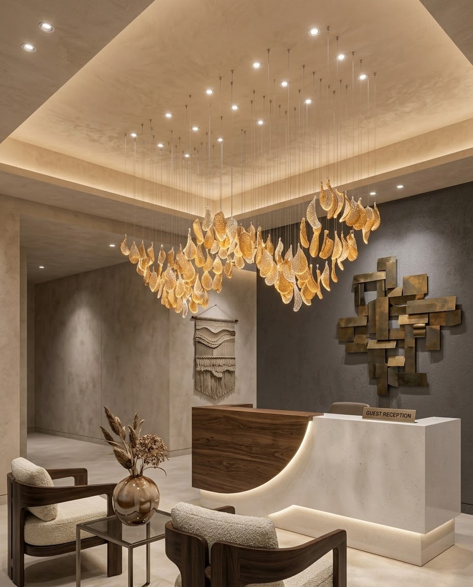 Custom 2m Modern Amber Leaf Glass Chandelier | W-Shape Wave Pendant Light for Luxury Dining & Hotel Reception