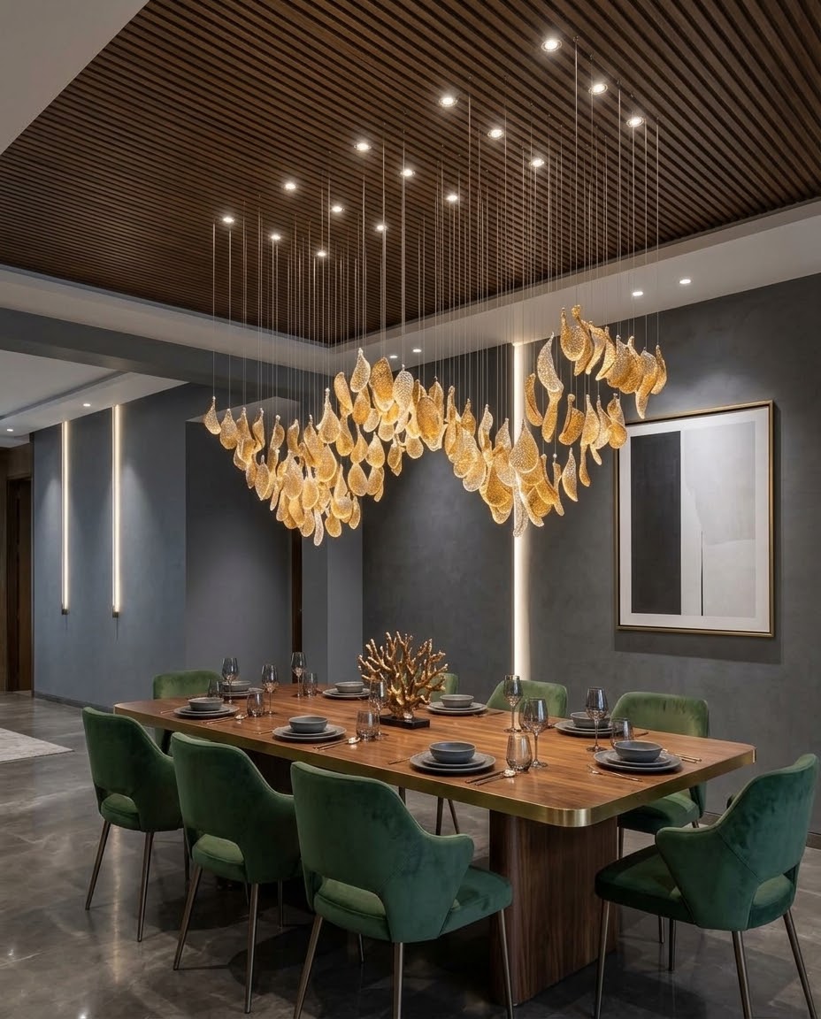 Custom 2m Modern Amber Leaf Glass Chandelier | W-Shape Wave Pendant Light for Luxury Dining & Hotel Reception