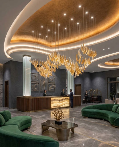 Custom 2m Modern Amber Leaf Glass Chandelier | W-Shape Wave Pendant Light for Luxury Dining & Hotel Reception