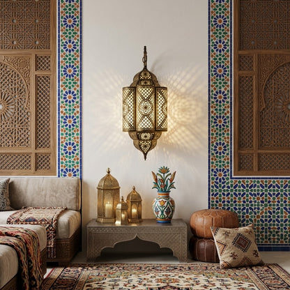 Handcrafted Moroccan Wall Sconce Lamp – Metal & Acrylic Cutout Lantern Light Fixture for Home & Restaurant Decor