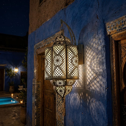 Handcrafted Moroccan Wall Sconce Lamp – Metal & Acrylic Cutout Lantern Light Fixture for Home & Restaurant Decor