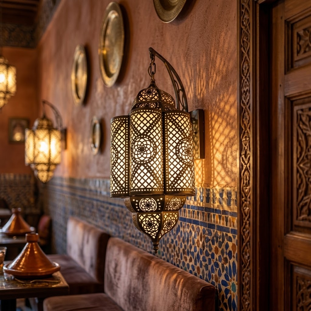 Handcrafted Moroccan Wall Sconce Lamp – Metal & Acrylic Cutout Lantern Light Fixture for Home & Restaurant Decor