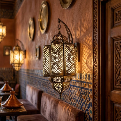 Handcrafted Moroccan Wall Sconce Lamp – Metal & Acrylic Cutout Lantern Light Fixture for Home & Restaurant Decor
