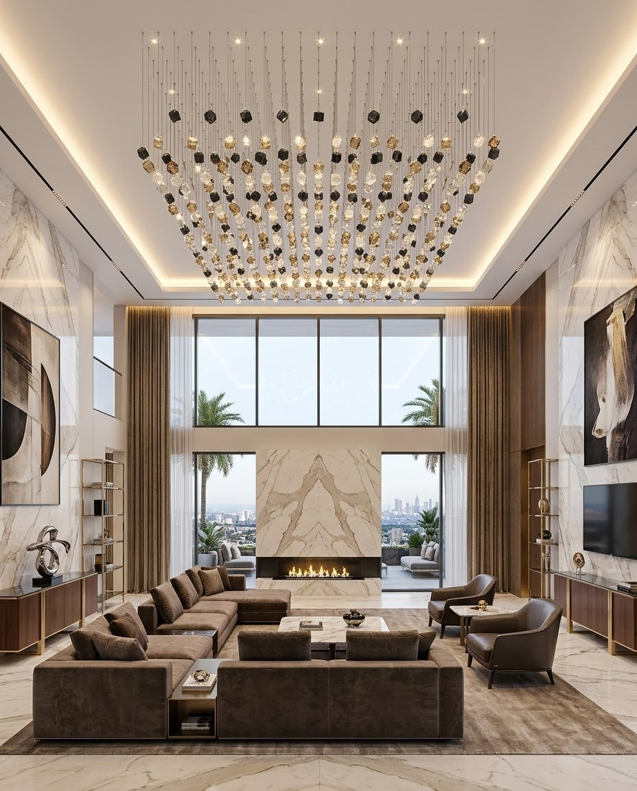 Custom 3-Tone Glass Cube Chandelier (3m x 1.5m) | Large Modern Ceiling Light