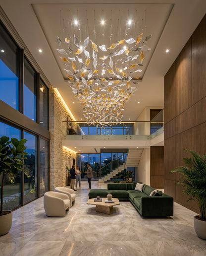 Sculptural Falling Leaf Art Chandelier | Hand-Crafted Amber, Clear & Gray Glass Installation