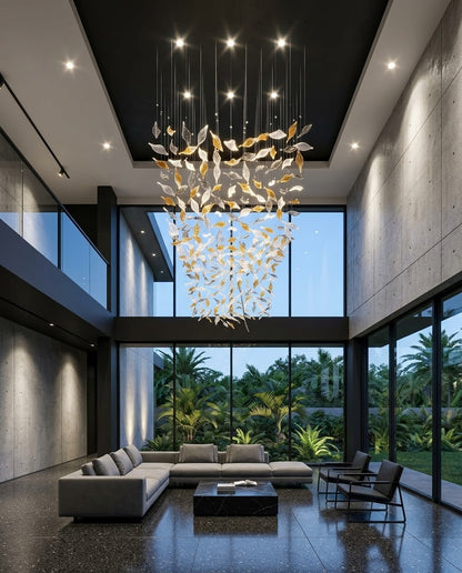 Sculptural Falling Leaf Art Chandelier | Hand-Crafted Amber, Clear & Gray Glass Installation