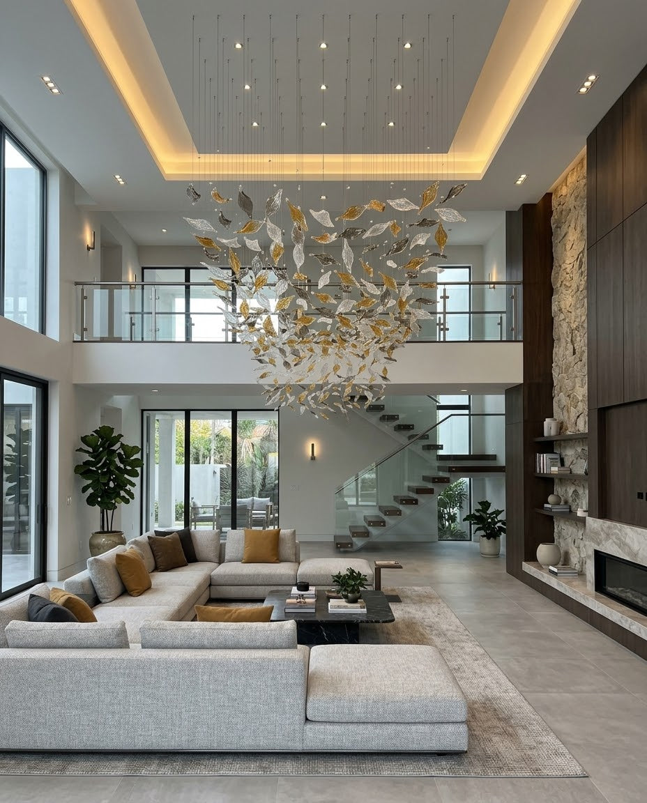Sculptural Falling Leaf Art Chandelier | Hand-Crafted Amber, Clear & Gray Glass Installation