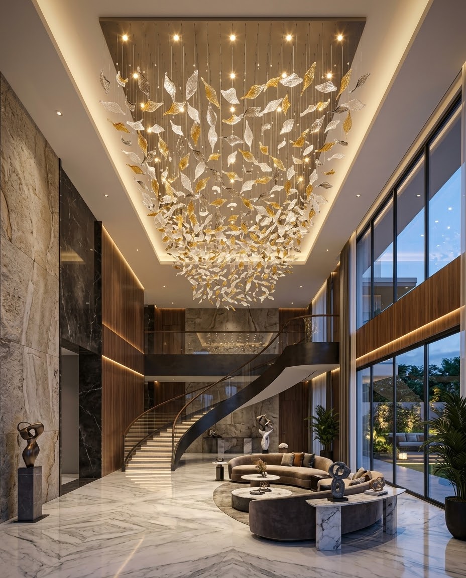 Sculptural Falling Leaf Art Chandelier | Hand-Crafted Amber, Clear & Gray Glass Installation