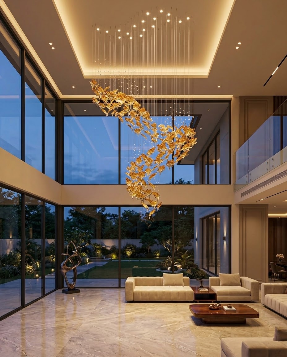 The Golden S-Curve Cascade: Custom Amber Glass Leaf Grand Chandelier