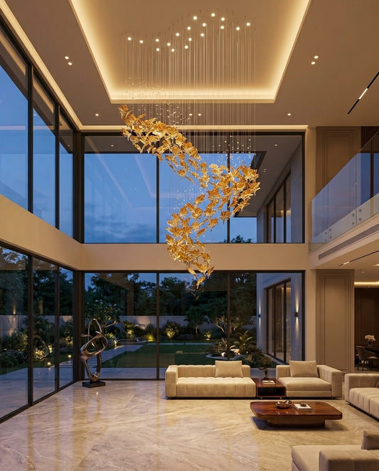 The Golden S-Curve Cascade: Custom Amber Glass Leaf Grand Chandelier
