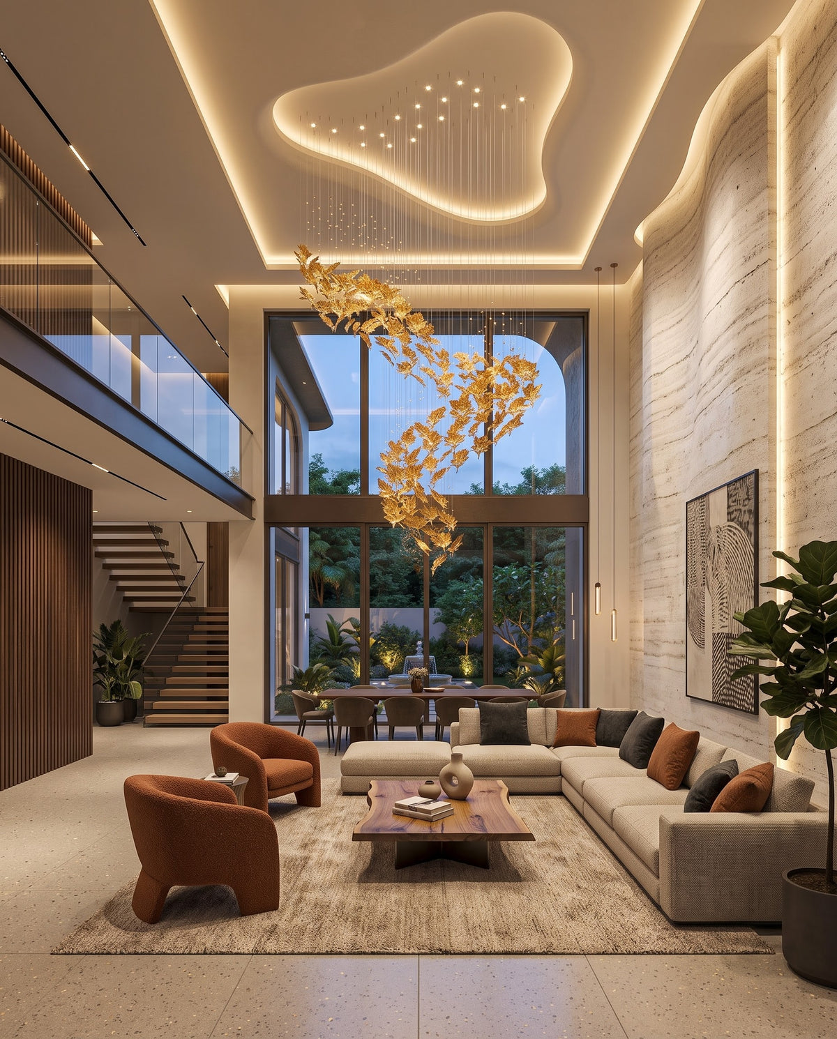 The Golden S-Curve Cascade: Custom Amber Glass Leaf Grand Chandelier