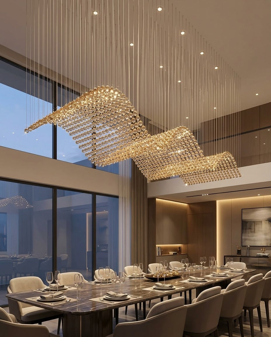 Modern 5M Rectangular Diamond-Cut Clear Crystal Wave Chandelier | Luxury Hotel & Dining Lighting