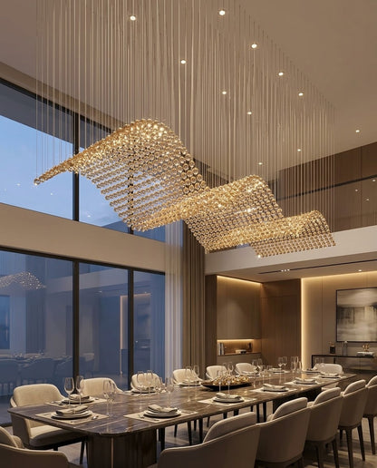 Modern 5M Rectangular Diamond-Cut Clear Crystal Wave Chandelier | Luxury Hotel & Dining Lighting