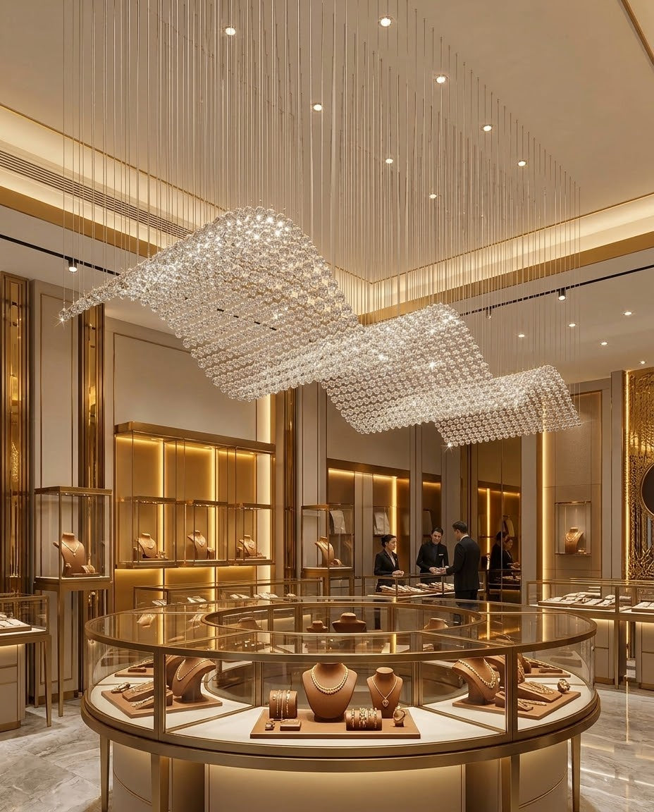 Modern 5M Rectangular Diamond-Cut Clear Crystal Wave Chandelier | Luxury Hotel & Dining Lighting