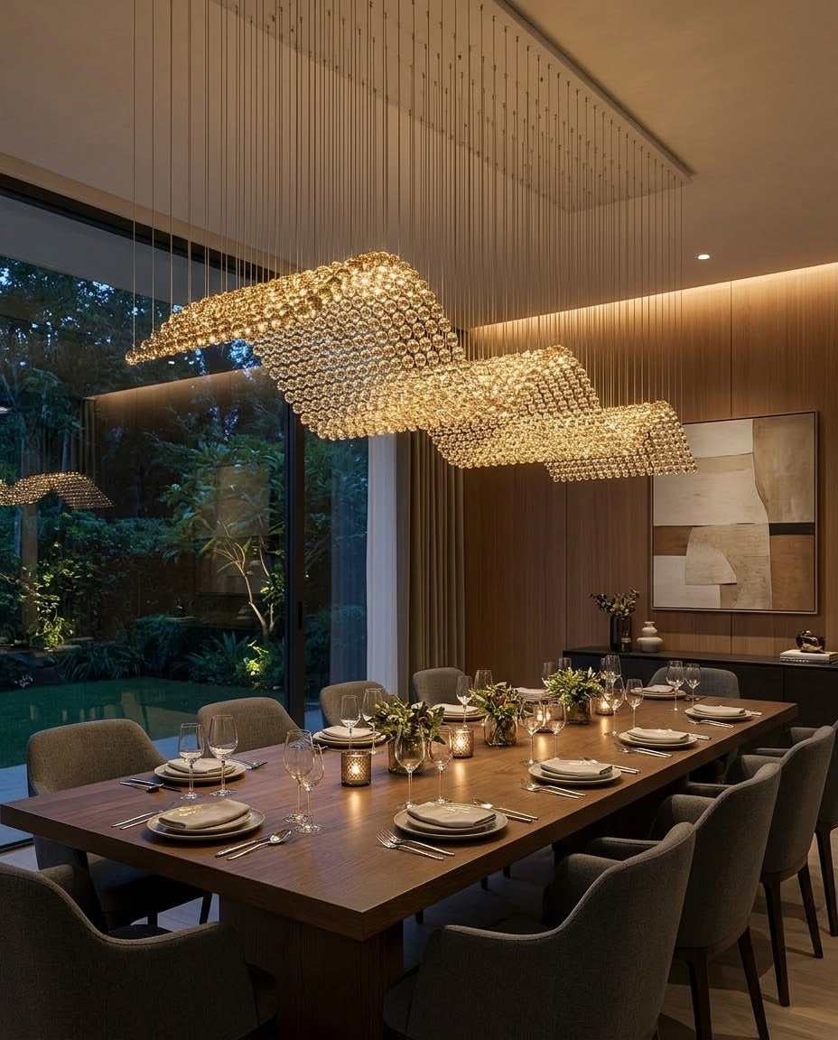Modern 5M Rectangular Diamond-Cut Clear Crystal Wave Chandelier | Luxury Hotel & Dining Lighting